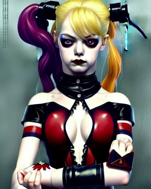 Image similar to portrait of beautiful cute young goth maiden anime harley quinn girl looks like emma stone in warhammer mechanical armor, high details, art by ( ( ( kuvshinov ilya ) ) ) and wayne barlowe and gustav klimt and artgerm and wlop and william - adolphe bouguereau