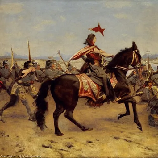 Prompt: action heroine leading an army, by alfred stevens