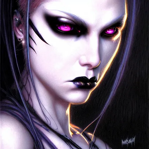 Image similar to portrait of a female cybergoth grim dark, dark, piercing eyes, exotic expression, esoteric clothing, photorealistic, highly detailed, mysterious lighting, artstation, smooth, sharp focus, art by michael whelan, artgerm, greg rutkowski and luis royo