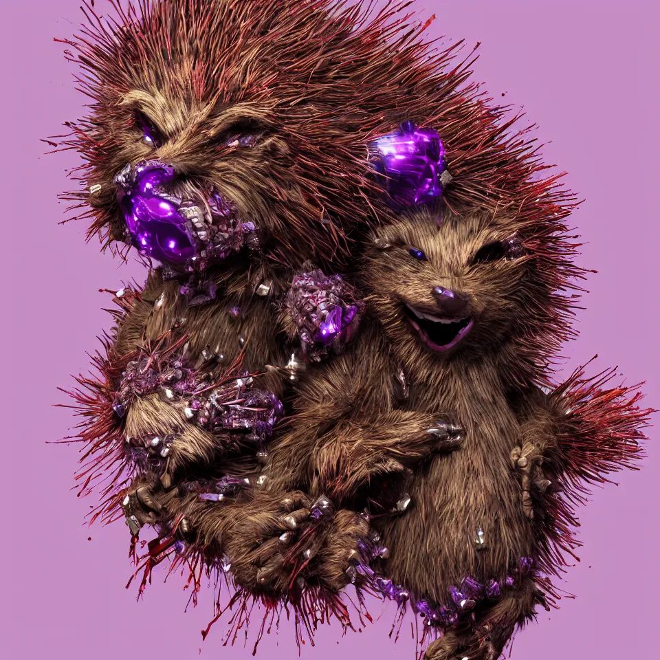 Prompt: anthropomorphic horror nightmare hedgehog with purple crystal tipped quills and red static and corroded rings trending on artstation 4 k cinematic action