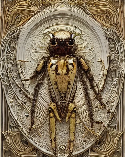Prompt: symmetry, white marble, white marble bas relief sculpture, white and gold kintsugi, feminine shapes, crabs, spiders, scorpions, tarantulas, stunning, art by hr geiger and ridley scott and alphonse mucha and josephine wall, highly detailed, intricately detailed, art nuevo, octane, 8 k, trending on artstation