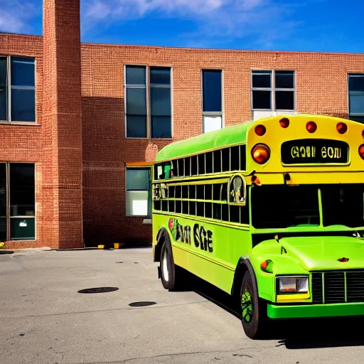 Image similar to a green school bus parked in a parking lot