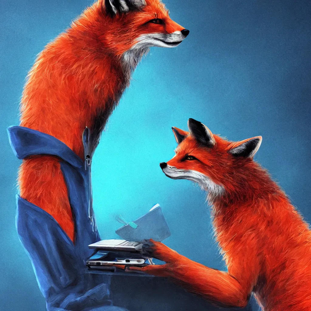 Prompt: a close-up profile shot of a red fox in a blue hoodie on the white background holding a notebook in one paw and typing with another paw, a hacker group badge on the hoodie sleeve, stroke painting, cyberpunk style, digital art picture, highly detailed, artstation