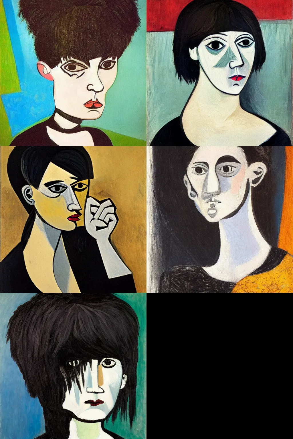 Prompt: an emo portrait painted by pablo picasso. her hair is dark brown and cut into a short, messy pixie cut. she has a slightly rounded face, with a pointed chin, large entirely - black eyes, and a small nose. she is wearing a black tank top, a black leather jacket, a black knee - length skirt, a black choker, and black leather boots.
