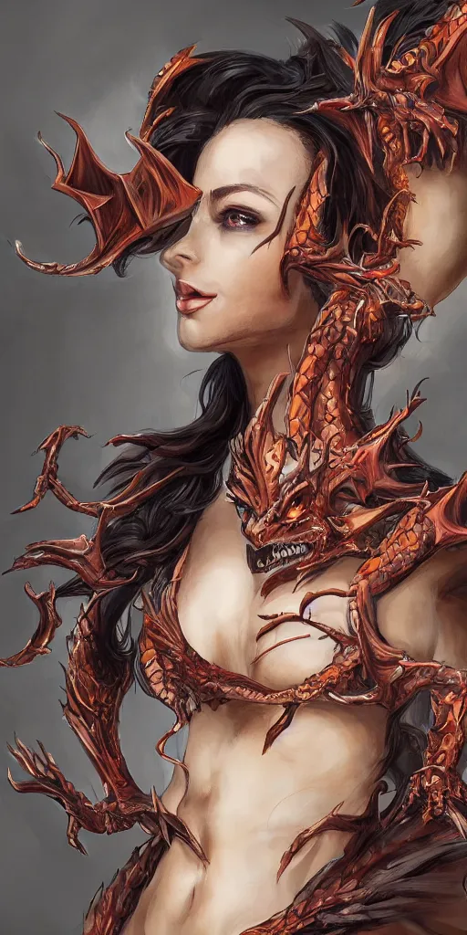 Image similar to 3/4 body portrait of the firedragon queen by artgerm, Dragon in dragon lair, HD, full body dragon concept, flying dragon, Human body with dragon features, beautiful queen, perfect face, fantasy, intricate, elegant, highly detailed, digital painting, artstation, concept art, smooth, sharp focus, illustration, ray tracing, 4k realistic 3d rendered portrait, soft shading, soft colors, relaxed colors, hyperdetailed, wide angle lens, fantasy, futuristic horror, armor style of giger