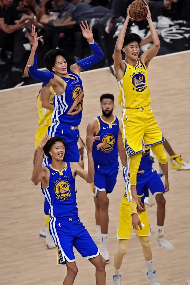 Image similar to kai sotto in the golden state warriors during the nba finals dunking on lebron james and anthony davis, 8 k, hyperrealistic, realistic, highly detailed, true to life