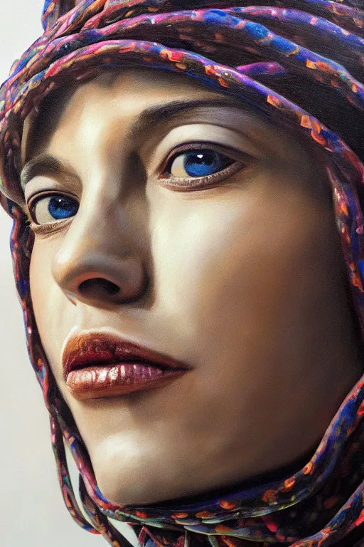 Image similar to hyperrealism oil painting, close - up portrait of face from a tangle of snakes fashion model, knight, street art gradient mixed with nebula sky, in style of baroque