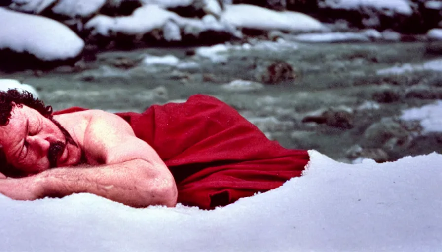 Prompt: 1 9 6 0 s movie still close up of marcus aurelius tired in a red royal toga frozen to death under the snow by the side of a river with gravel, pine forests, cinestill 8 0 0 t 3 5 mm, high quality, heavy grain, high detail, texture, dramatic light, anamorphic, hyperrealistic, detailed hair, foggy