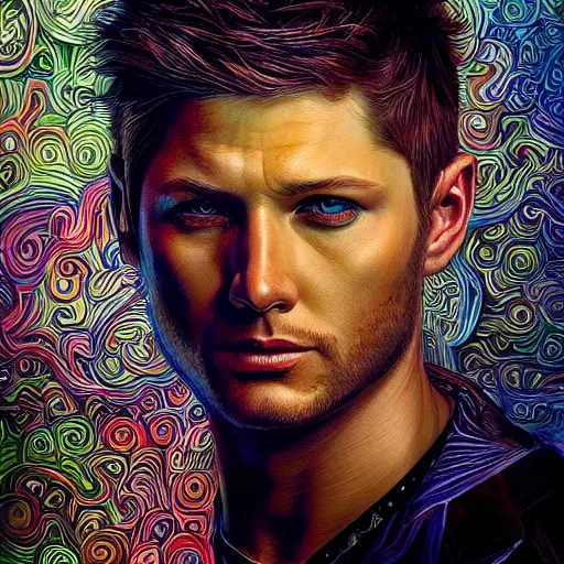 Image similar to portrait of jensen ackles, hyper detailed masterpiece, neon floral pattern, jean giraud, digital art painting, darkwave goth aesthetic, psychedelic, artgerm, donato giancola and tom bagshaw