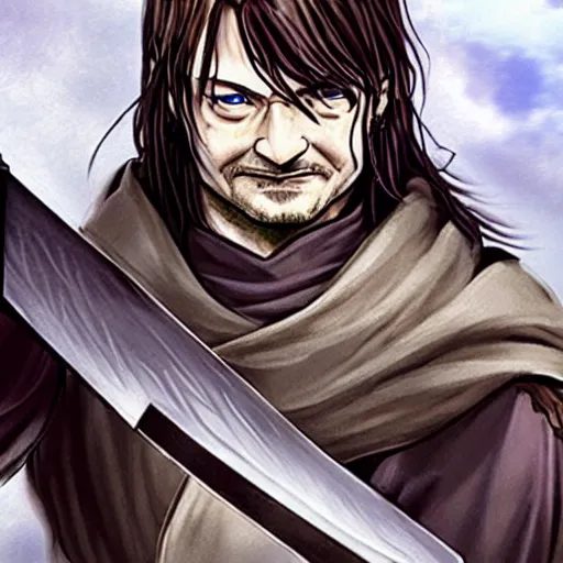 Prompt: boromir in an anime world, holding a sword, incredibly detailed, ultra realistic