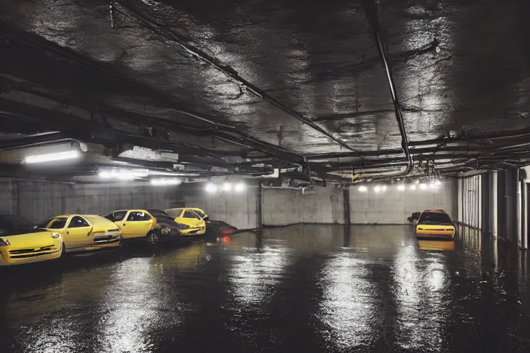 Image similar to views of underground car garage, new york downtown covered with rain, dark lighting, photo real, highly detailed