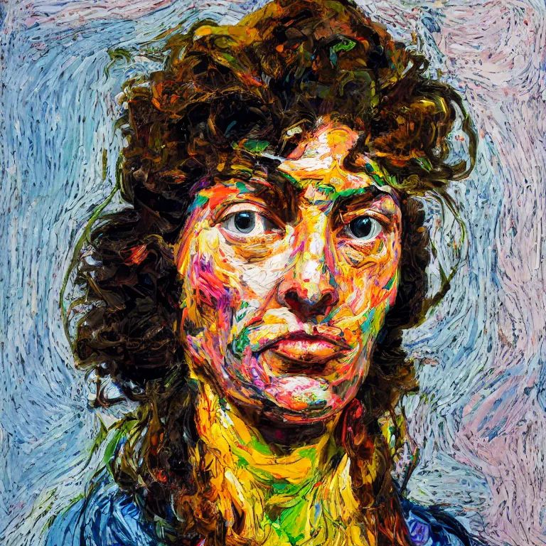 Prompt: close up studio portrait of Sweet faced hippy chick with her hair in a bandana in 1972, impasto heavy brushstrokes oil painting by Lucian Freud and Tim Hawkinson and Cy Twombly, Intense colors trending on artstation dramatic lighting Expressionism