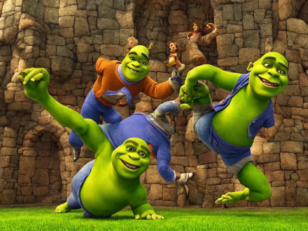 Image similar to shrek breakdancing while lord farquaad is in the back being impressed, High Definition detail, 8K, photography