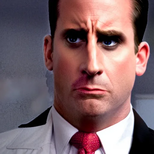 Image similar to michael scott from the office as the american psycho, sweating intensely, cinematic still