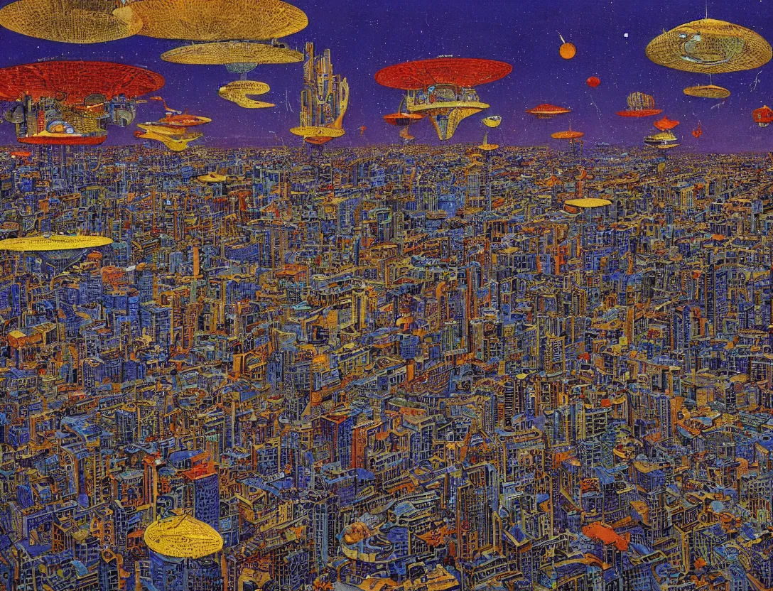 Image similar to ufos flying mysterious banners over the city, brutalist, by mati klarwein and moebius