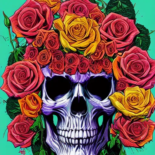 Image similar to large skull surrounded by vivid colorful roses, Jen Bartel, Dan Mumford, Satoshi Kon, gouache illustration