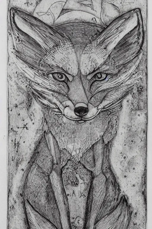 Image similar to realistic medieval etching of the fox of chaos, high detail, elaborate composition, quality draughtmanship, detailed faces. by austin osman spare, occult art, alchemical diagram