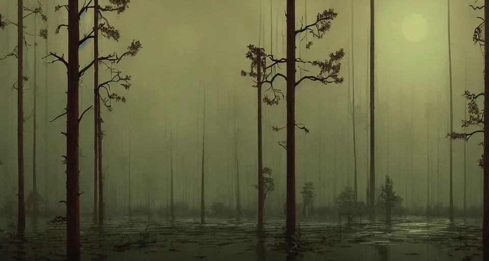 Image similar to A dense and dark enchanted forest with a swamp, by simon stalenhag