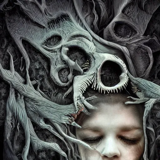 Image similar to dreams dreaming of nightmares, digital art, highly detail, vivd, terrifying