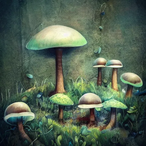 Image similar to beautiful dystopian deserted overgrown city mushroom people surviving