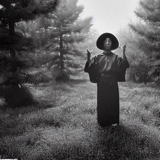 Image similar to a wide full shot, russian and japanese mix 1 9 8 0 s historical fantasy of a photograph taken of the guardian priest'plants and trees, photographic portrait, high - key lighting, warm lighting, overcast flat midday sunlight, 1 9 8 2 life magazine photograph, photojournalism from the new york times.