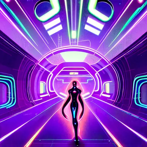 Image similar to Tron inspired character in the middle of the night in an abandoned space station, purple, sleek futuristic cityscape, blue, blacklight effects, neon lights, shimmery, glamorous, illuminated, glitch, vector drawing, illustration, art by Krenz Cushart and Artem Demura and alphonse mucha