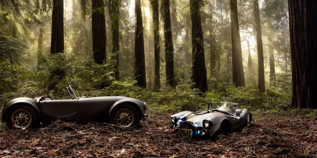 Prompt: Photograph of an abandoned broken down rusty AC Cobra in an old redwood forest, massive trees, overgrown with vegetation, sun shining through the trees, backlit, crepuscular rays, muted colors, 8k