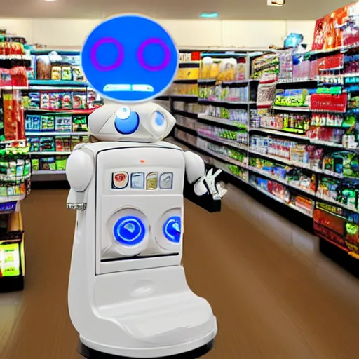 Prompt: fisheye photography irritable convenience store robo - cashier