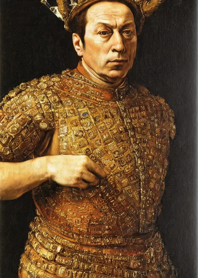 Prompt: a portrait of a Silvio Berlusconi , with an armor and a crown, oil painting in a renaissance style , very detailed, painted by Artemia Gentileschi , Caravaggio, Titian, Rembrandt.