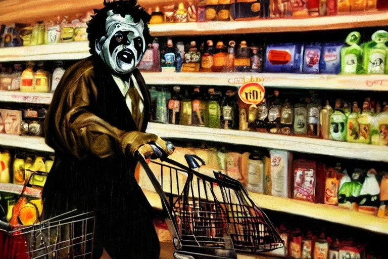 Image similar to black velvet painting of leatherface shopping at a grocery store