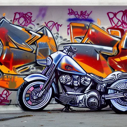 Image similar to a graffiti art of a dog ryiding an harley davidson in streets of los angeles, hd, 8 k, hyper realistic, hyper detailed,