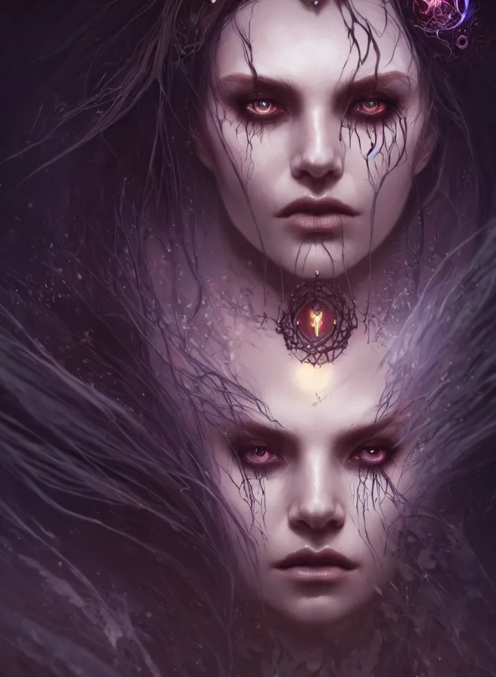 Prompt: Necromancer Sorceress face close-up macro in center, flying hair, fantasy magic, undercut hairstyle, dark light night, intricate, elegant, sharp focus, illustration, highly detailed, digital painting, concept art, matte, art by WLOP and Artgerm and Greg Rutkowski and Alphonse Mucha, masterpiece