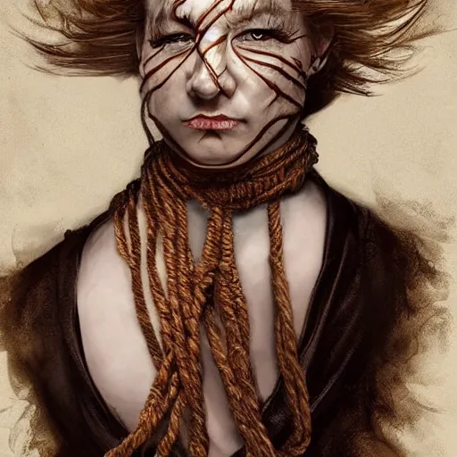 Image similar to portrait of a Shibari rope wrapped face and neck, headshot, insanely nice professional hair style, dramatic hair color, digital painting, of a old 17th century, old cyborg merchant, amber jewels, baroque, ornate clothing, scifi, realistic, hyperdetailed, chiaroscuro, concept art, art by Franz Hals and Jon Foster and Ayami Kojima and Amano and Karol Bak,