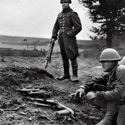 Image similar to a photo taken from a trench showing a nuclear explosion in the distance, a german soldier wearing a ww 2 stahlhelm is laying on the ground and looking at the explosion, realistic, taken on a ww 2 camera.