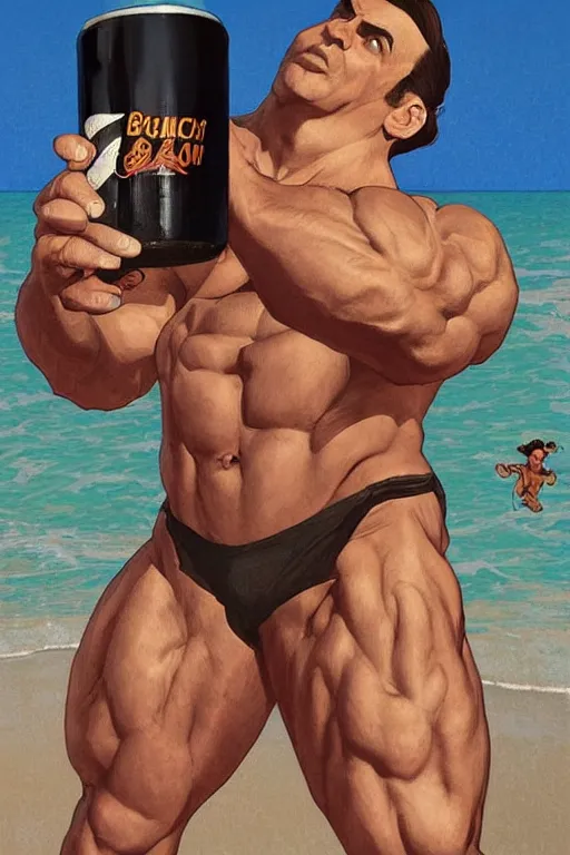 Image similar to gigachad bodybuilder luigi drinking beer can at the ocean summertime by ilya kuvshinov, ernest khalimov body, super mario bros symmetrical face concept art, hyper realistic, intricate, elegent, highly detailed, digital painting, concept art, smooth, sharp, focus, illustration, art by artgerm and greg rutkowski and alphonse mucha, artstation