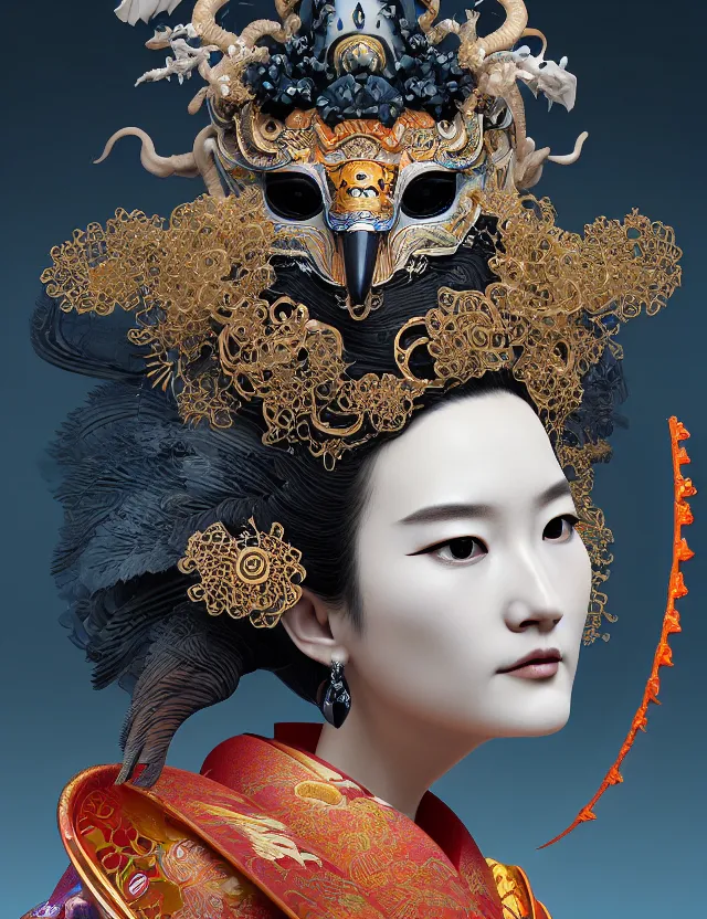 Prompt: 3 d goddess close - up profile portrait with crown, ram skull. beautiful intricately detailed japanese crow kitsune mask and clasical japanese kimono. betta fish, jellyfish pheonix, bio luminescent, plasma, ice, water, wind, creature, artwork by tooth wu and wlop and beeple and greg rutkowski