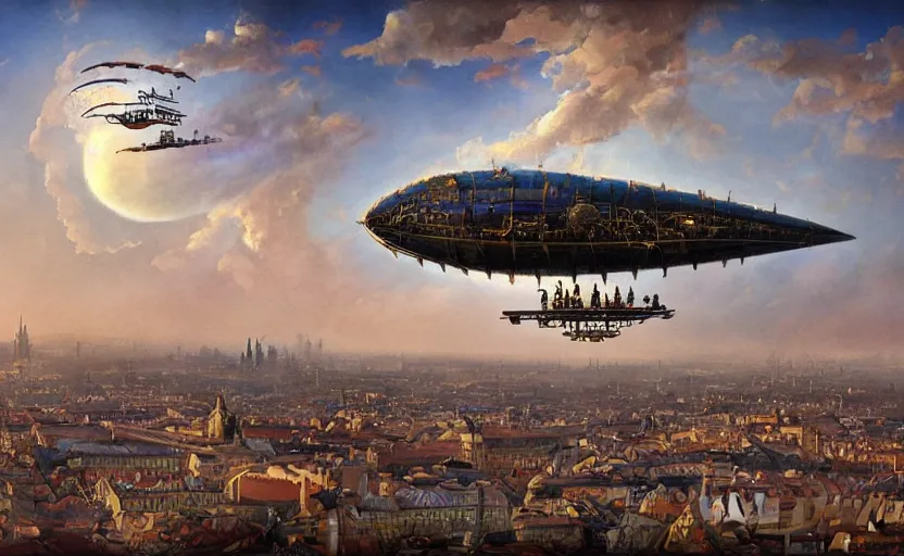 Prompt: artdeco steampunk airship in clouds over prague city, city lights, birds, sunset, evening light, illustration by james gurney, artstation