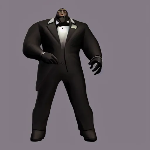 Prompt: heavy from tf 2 in a black tuxedo, 8 k, photorealistic, detailed, trending on artstation
