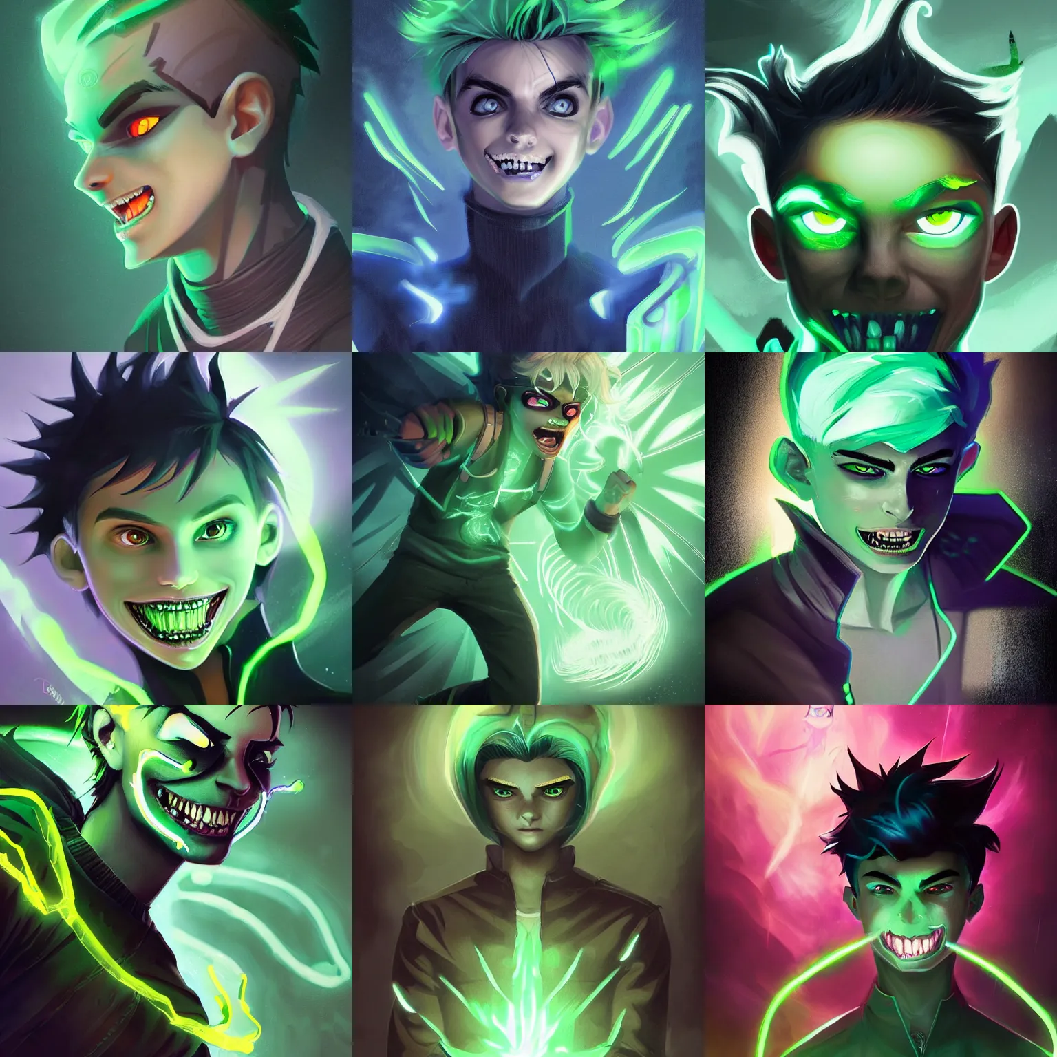 Image similar to A digital matte intricate illustration concept art of young Danny phantom with glowing green eyes and sharp teeth fangs alt art fashion inspired art by Charlie Bowater and WLOP and Mark Arian and Ross Tran + neon colors, symmetry , intricate complexity, epic composition, magical atmosphere, highly detailed, cinematic lighting + masterpiece, trending on artstation + 8k