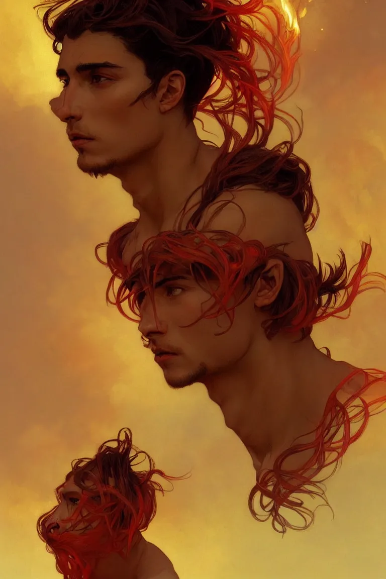 Prompt: portrait of a beautiful young fit male spirit with fire hairs and coal skin, luminous, by greg rutkowski and alphonse mucha, d & d character, gradient red to yellow, in front of a desert background, highly detailed portrait, digital painting, artstation, concept art, smooth, sharp focus ilustration, artstation hq