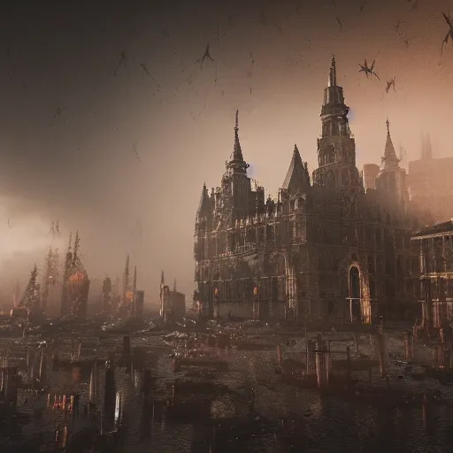 Prompt: haunted gothic horror lovecraftian city, swirling smoke and mist, ultrarealistic, intricate detail, finely detailed, small details, extra detail, high resolution, volumetric lighting, octane render, 8 k