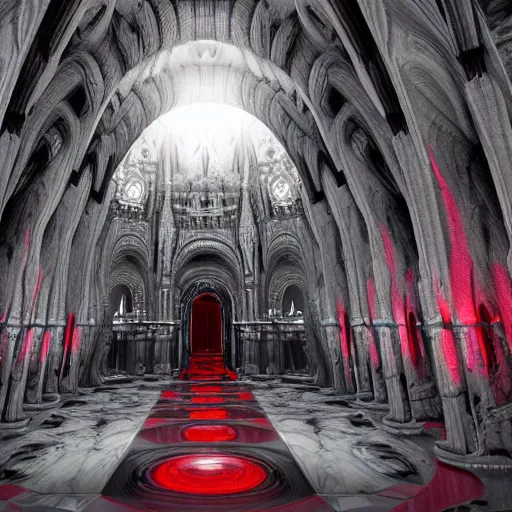 Prompt: alien cathedral made of dark grey marble with red veining and highly detailed ornaments all over the complex surface, photorealistic, perfect camera motion, cinematic, volumetric lighting, next gen rendering, nvidia