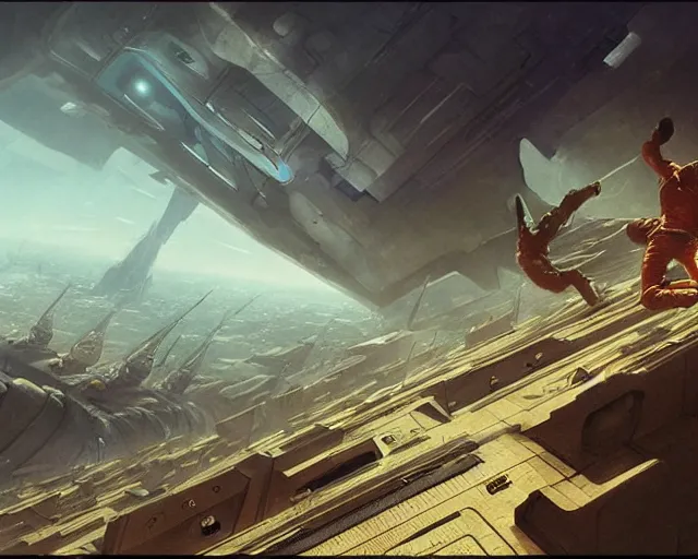 Prompt: a man falling in the foreground, futuristic city background, sci - fi, cyberpunk, dune movie, big futuristic ships in the sky, ridley scott, denis villeneuve, painted by zdzislaw beksinski and artgerm and greg rutkowski and alphonse mucha