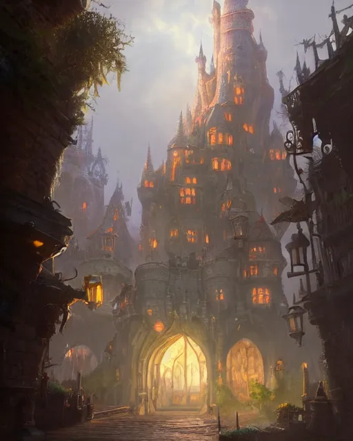 Image similar to big hazzle at the robust fantasy castle courtyard, calming, uplifting mood, ultra realistic, funny, small buildings, highly detailed, epic lighting, illuminated, cinematic, morning, art by eddie mendoza