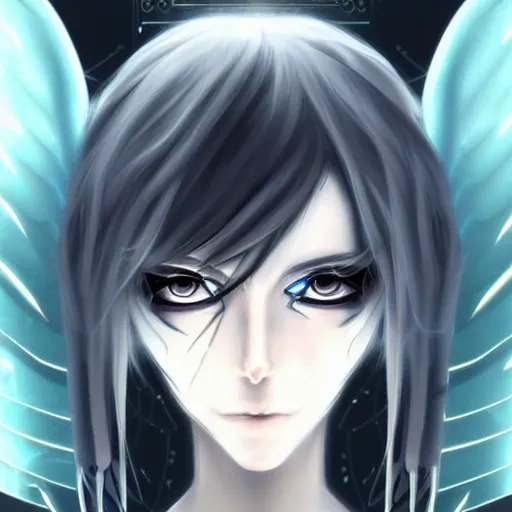 Prompt: gorgeous small female android cyborg - angel large angelic wings, left eye gold and right eye silver, cyberpunk - anime character - concept art