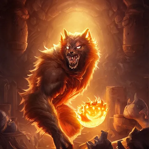 Prompt: portrait of werewolf using a burning laboratory, league of legends splash art, hearthstone splash art, full body shot, rule of thirds, ultrafine hyperrealistic detailed face, artgerm, greg rutkowski, trending on artstation, 8 k, intricately detailed, highly detailed