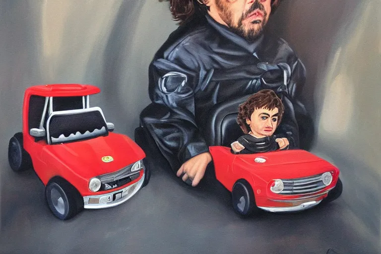 Image similar to black velvet painting of peter dinklage driving a little tikes crazy coupe