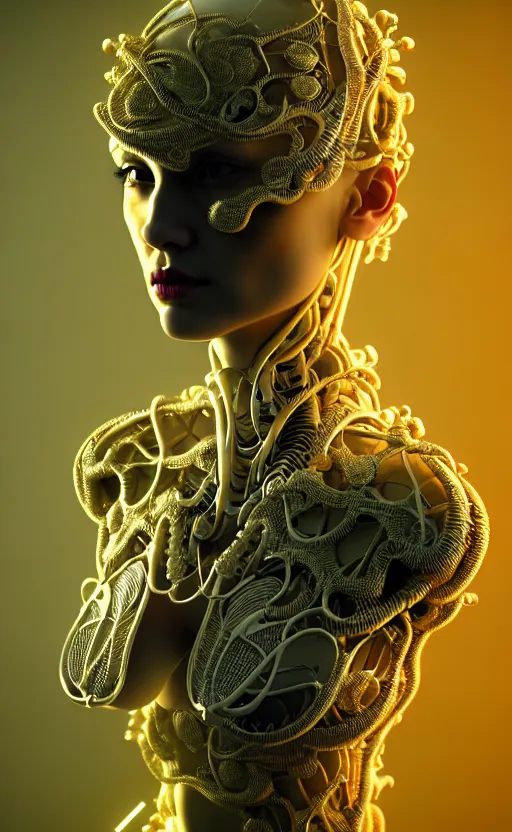 Image similar to intricate hyper detailed ultra sharp 3 d render of a beautiful smooth porcelain seductive cyborg woman portrait, medium shot portrait, bright light, alexandre ferra mecha, haute couture deeply cyberpunk art nouveau huge white fractal mycelum and fungi head ornaments, big embroidered leaves filigree spreaded roots, yellow infrared, octane render, volumetric cinematic lighting, 8 k, vray tracing