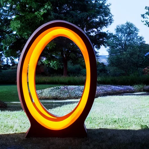Prompt: circle shaped sculpture, curves, wood, colored lights, portal