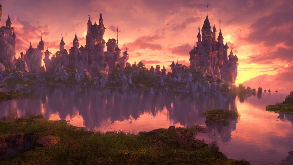 Prompt: fantasy castle with lake in sunset, fantasy artwork, very very very beautiful scenery, hd, hdr, ue5, ue6, unreal engine 5, cinematic 4k wallpaper, 8k, ultra detailed, high resolution, artstation, award winning